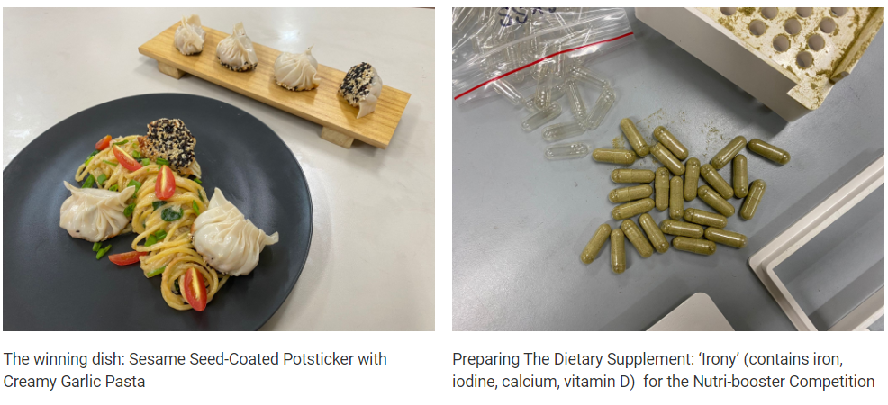 Left: dumplings with sesame seeds on pasta; right: green supplement capsules scattered on a gray surface.